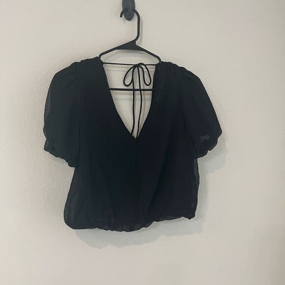 NWT ASTR Black Bubble Sleeve Gauze Tie back S - Picture 4 of 7